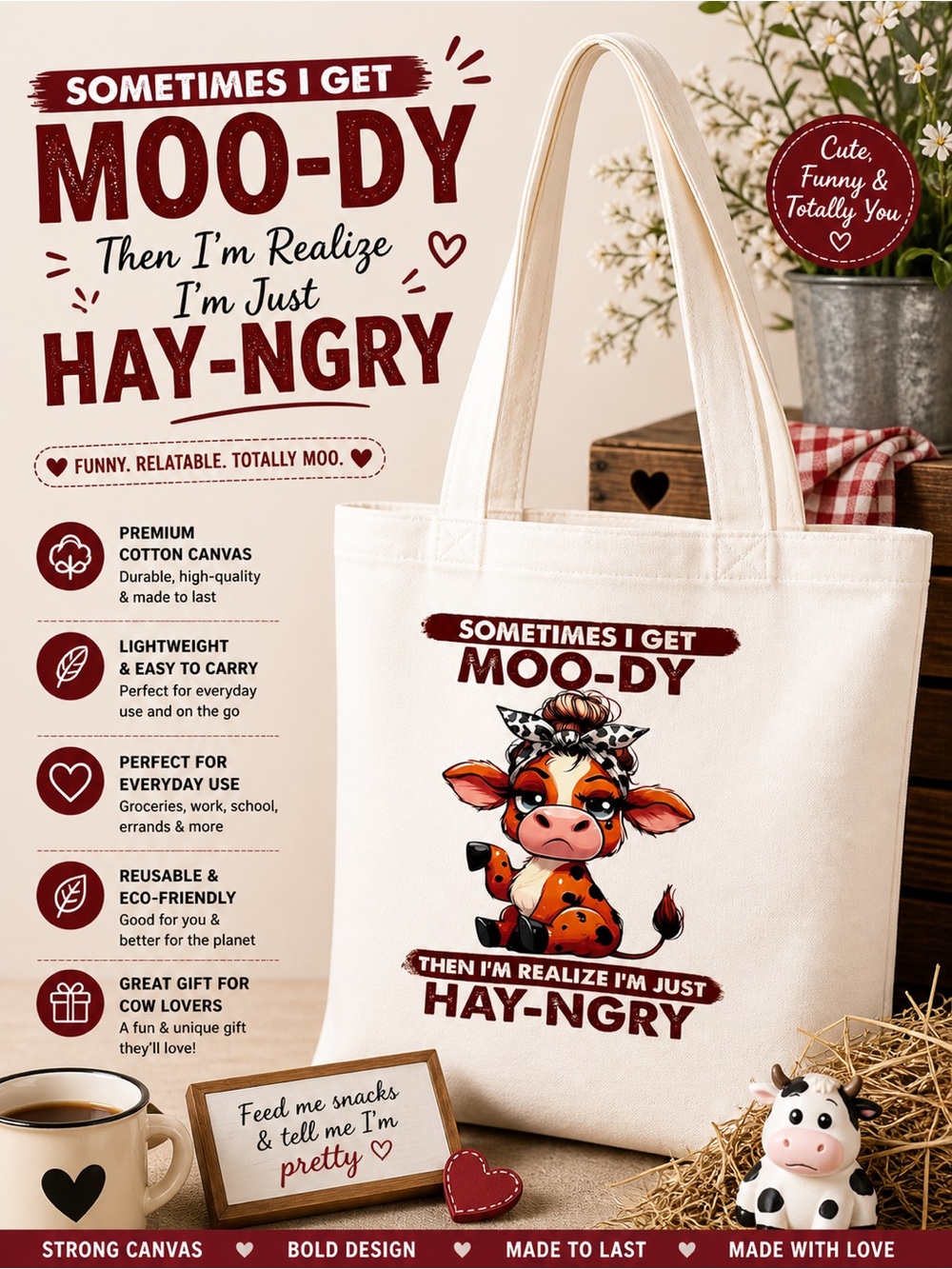 Handmade Canvas Tote Bag with Moody Cow and Coffee Graphic - White